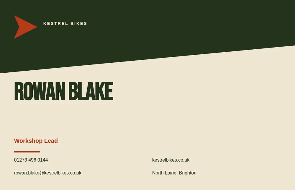 A landscape moss business card with a rust chevron and the large condensed name Rowan Blake for Kestrel Bikes.