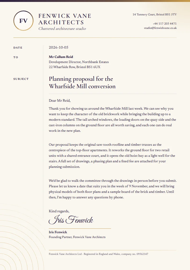 A letter on an architecture studio letterhead, with a round seal logo, a gold and plum top bar, and a signed proposal letter.