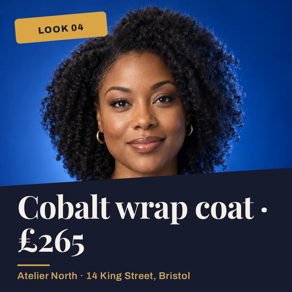 A square plate with a blue gradient background behind a portrait of a woman with dark curly hair, a gold Look 04 tag, and a dark navy band reading Cobalt wrap coat · £265 for Atelier North.