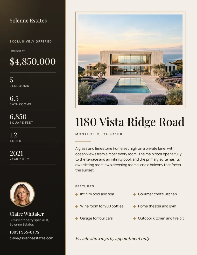 A US Letter luxury listing flyer with a dark side panel of gold-edged facts, a $4,850,000 price, and the agent's photo in a gold ring, beside a photo of a glass villa with a pool in a thin gold frame, the address 1180 Vista Ridge Road in Montecito, a short write-up, and six features in two columns.
