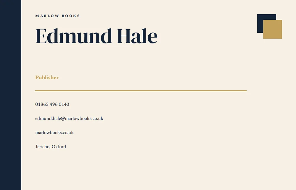 A landscape paper business card with a navy rail, a gold rule, and the large name Edmund Hale for Marlow Books.
