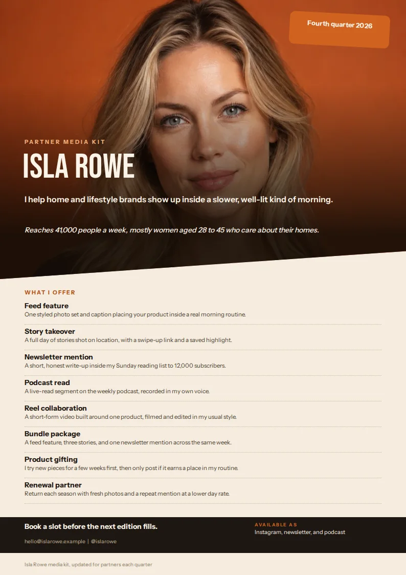 A portrait A4 media kit with a full-bleed orange-toned photo header, the large white name Isla Rowe, a cream body listing services in short rows, and a dark footer bar with a booking line and formats.