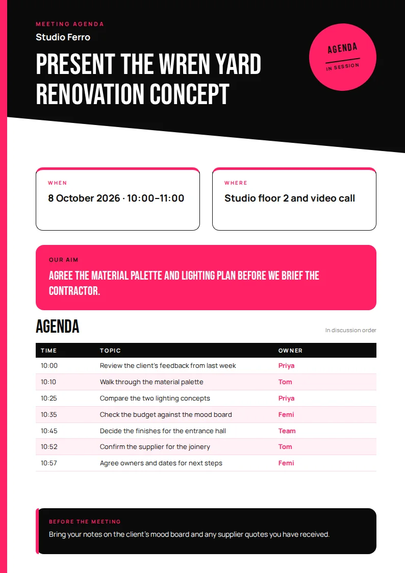 A portrait A4 meeting agenda with a black diagonal header, a hot pink circular Agenda badge, white When and Where cards, a pink and black schedule table for Studio Ferro, and a black preparation panel with a pink edge.