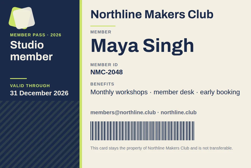 A wide membership card with a navy left panel edged by a lime-green stripe and diagonal pattern, and a cream right panel naming member Maya Singh of Northline Makers Club above a navy barcode.