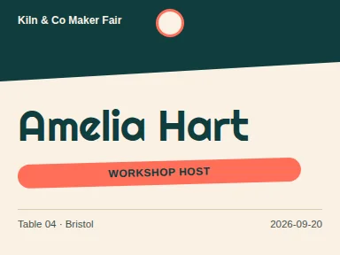 A compact landscape name badge with a dark teal diagonal header, a coral Workshop host pill, the large teal name Amelia Hart, and the table number and date below on a cream field.