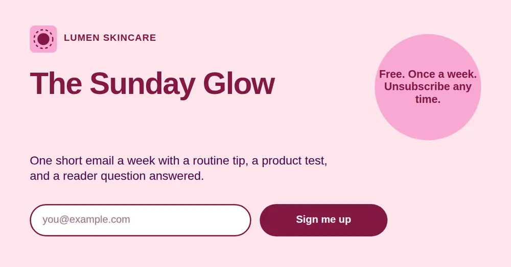 A pink wide ad with a newsletter name, a benefit line, an input box, and a dark pink button