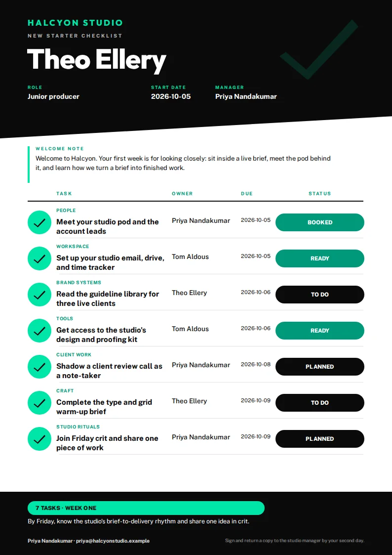 A portrait onboarding checklist with a black top header naming Theo Ellery and Halcyon Studio, a white body with green circular check icons beside each task, black and teal status pills, and a teal seven tasks banner above a black footer.