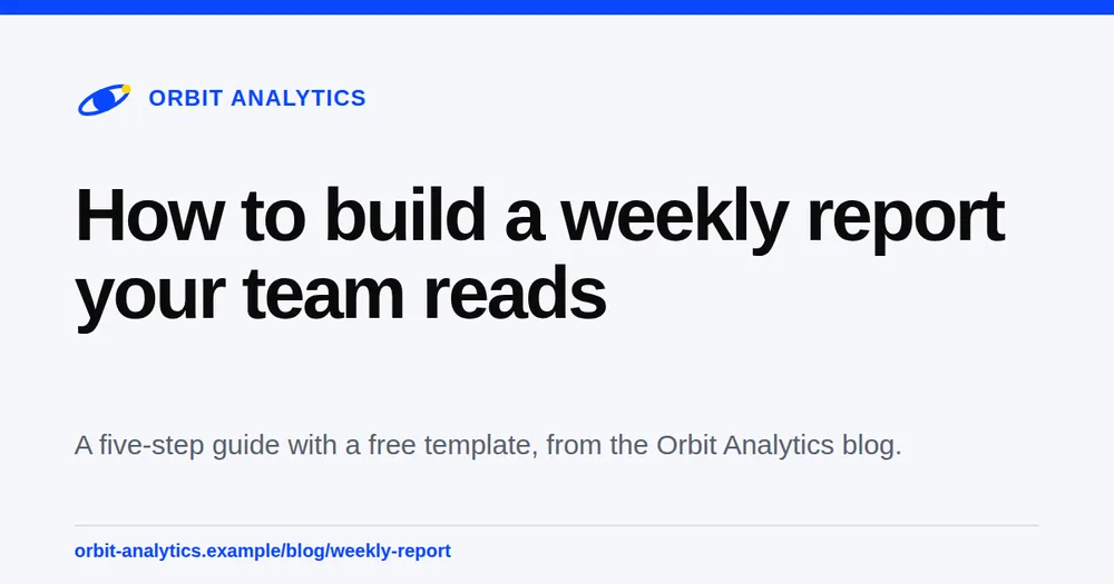 A light link preview card with a blue top bar, a site name, a large page title, and a description line