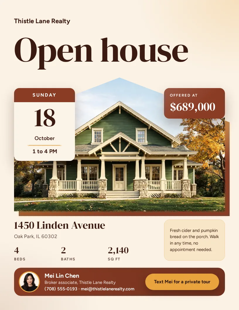 A US Letter open house flyer on warm cream paper, with a big brown Open house headline, a craftsman bungalow photo cut into a house shape, a date card for Sunday 18 October from 1 to 4 PM, a $689,000 price tag, the Oak Park address, and a brown agent bar with a yellow Text Mei button.