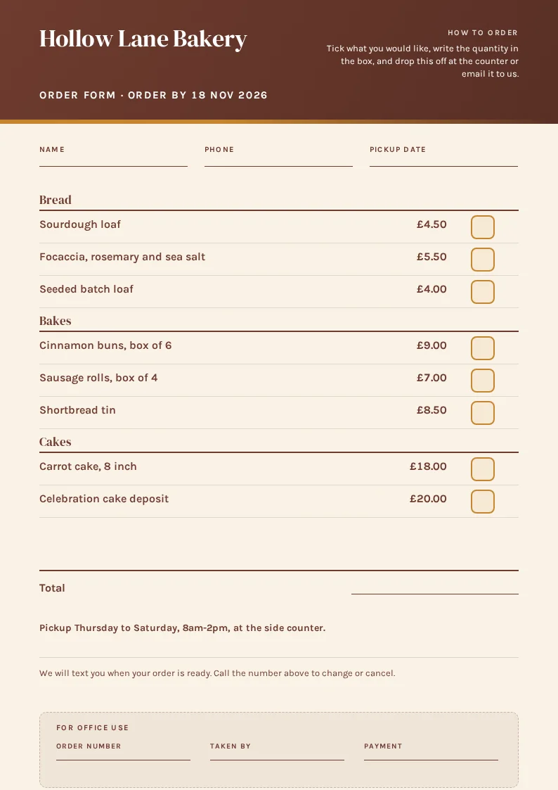 An A4 order form for Hollow Lane Bakery in brown and cream, with name, phone, and pickup date fields, grouped Bread, Bakes, and Cakes lists with a tick box beside each price, a total line, and a For office use panel at the foot.