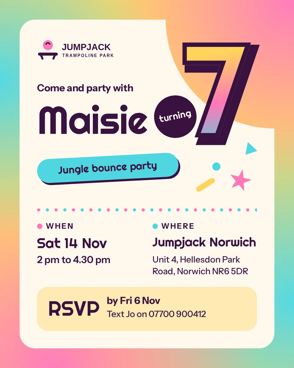 A portrait birthday invitation on a candy pink, yellow, and aqua gradient, with a giant outlined number 7, the name Maisie, a tilted aqua pill that says Jungle bounce party, confetti shapes, the date, time, and venue, and a yellow reply panel.