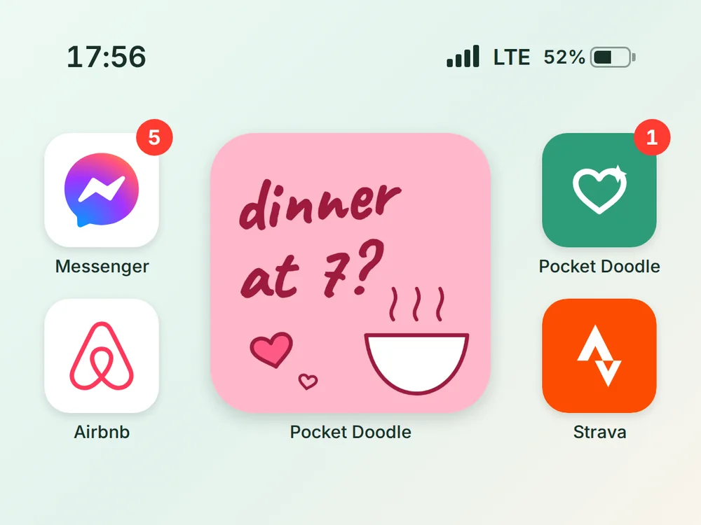 A mint green iPhone home screen at 17:56 with a pink dinner at 7 doodle and a steaming bowl in a centre widget labelled Pocket Doodle, Messenger and Airbnb on the left, and the green Pocket Doodle icon and Strava on the right.