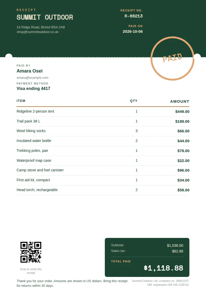 A payment receipt with a dark green header for Summit Outdoor, an orange outlined Paid stamp, an itemised list of nine items, a dark green totals box showing a total of $1,118.88, and a QR code in the bottom left.