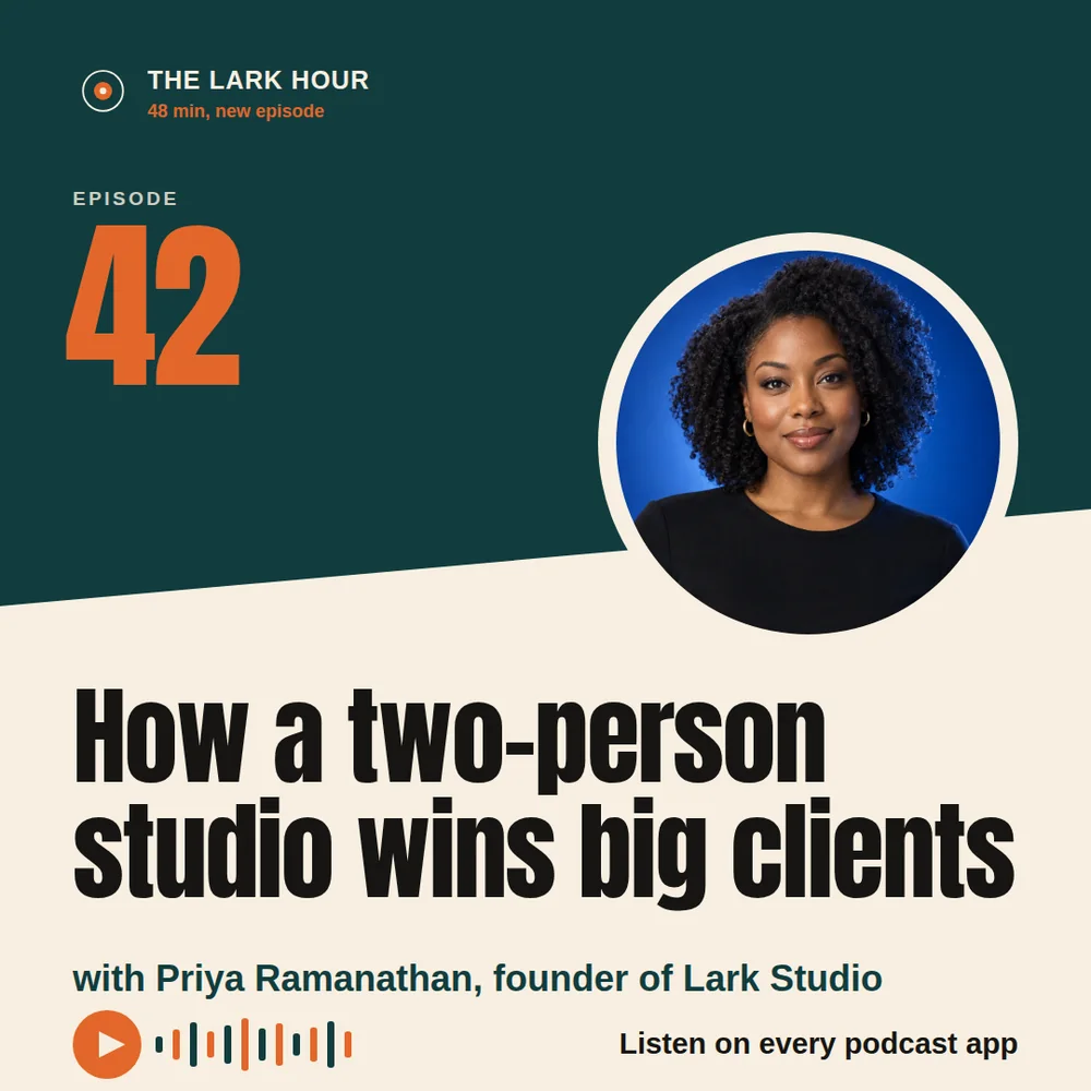 A square podcast card with a dark teal top half cut by a diagonal into cream, showing a large orange episode number 42 beside a circular portrait of a woman with dark curly hair, above the black title How a two-person studio wins big clients.