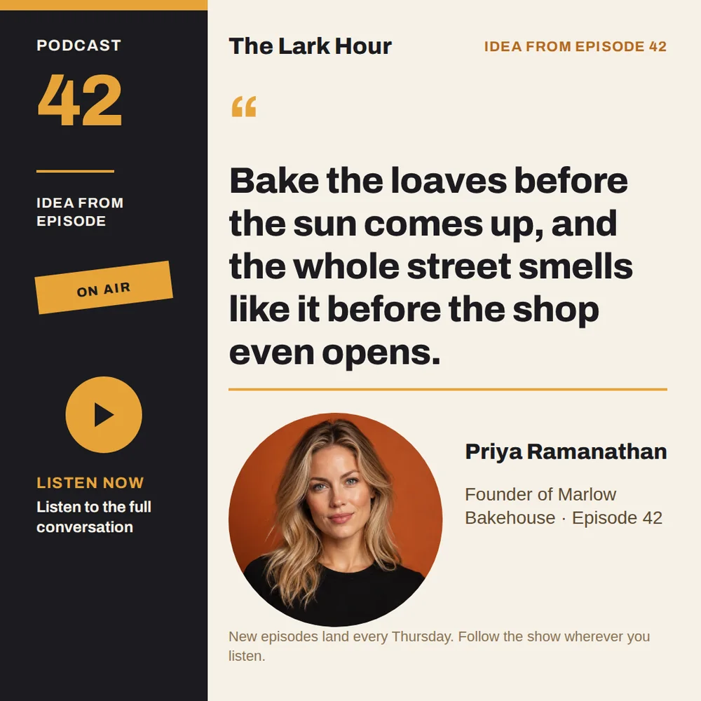 A square podcast quote card with a black sidebar holding a gold play button and episode number 42, beside a cream panel with a bold black quote about baking loaves before sunrise and an orange-framed portrait of a woman with wavy blonde hair.