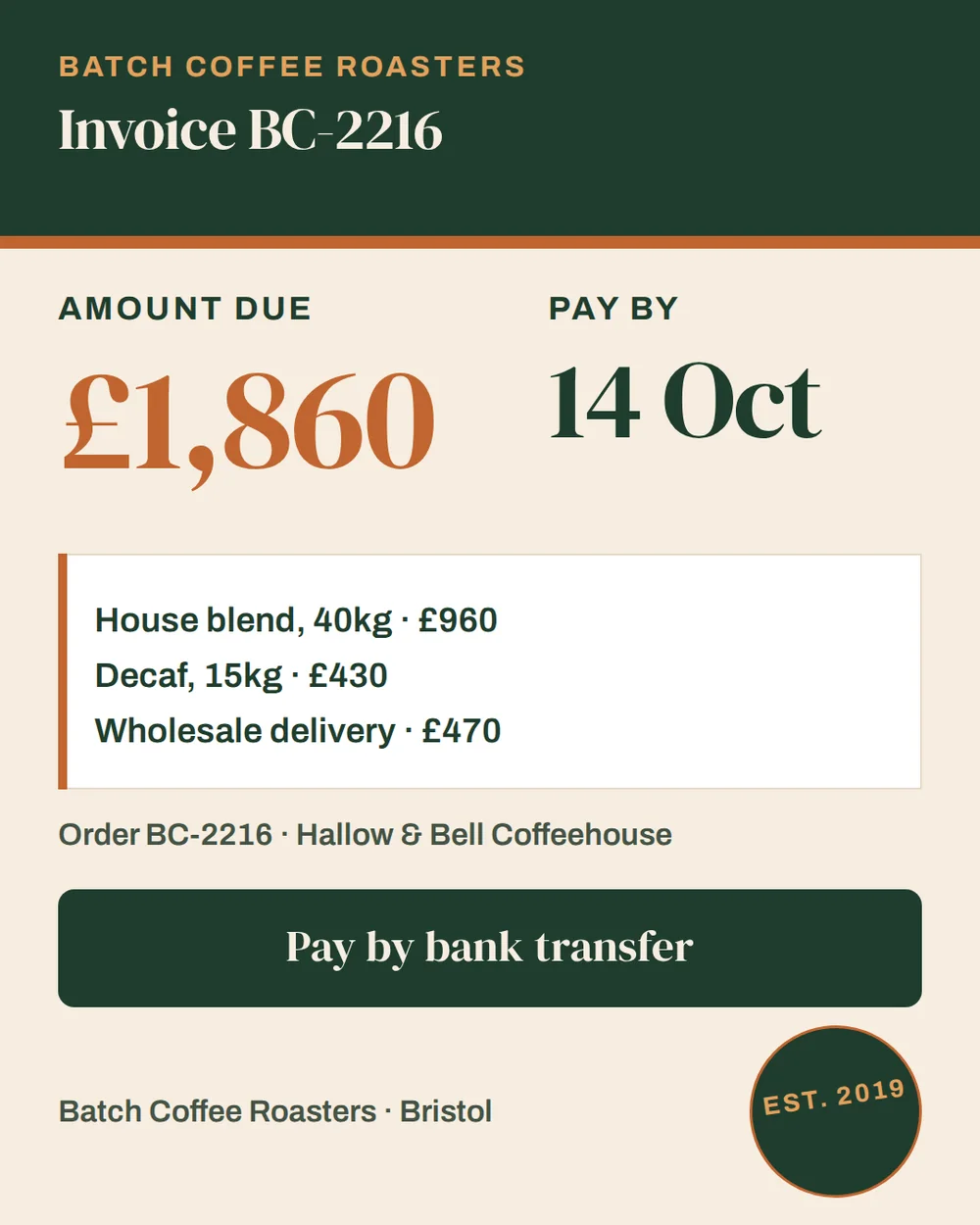 A 4:5 invoice tile with a dark green header for Batch Coffee Roasters and Invoice BC-2216, an orange amount due of £1,860 beside a pay-by date of 14 Oct, a white line-items box with an orange border, and a dark green Pay by bank transfer button.