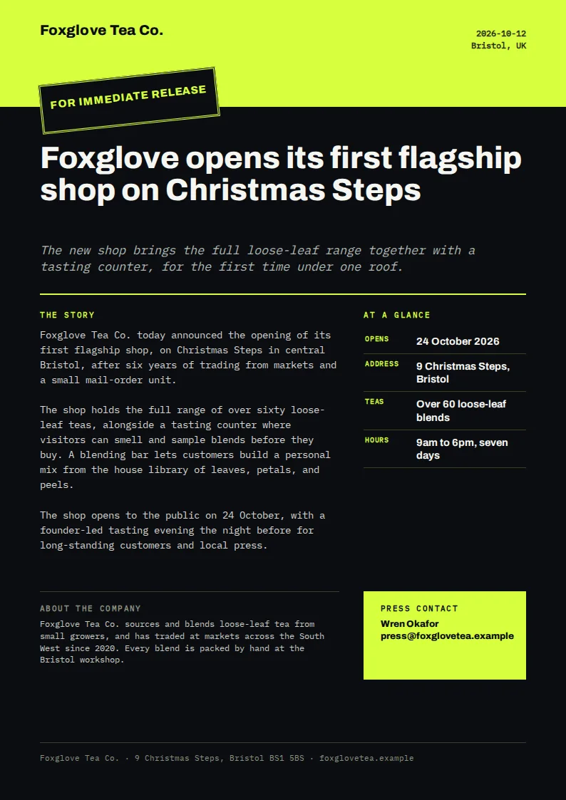 A portrait A4 press release with a lime green header band, a black body, a rotated lime For immediate release tag, the white headline Foxglove opens its first flagship shop on Christmas Steps, and a lime press contact box.