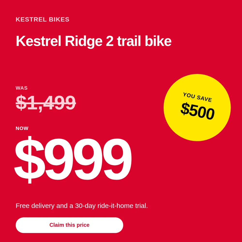 A red square ad with a struck-through old price, a huge new price, and a tilted yellow savings tag
