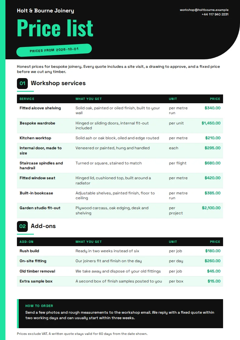 A portrait A4 price list with a black curved header naming Holt & Bourne Joinery, a green Prices from pill, a white body with black tables and green prices, and a black how-to-order panel with a green edge.