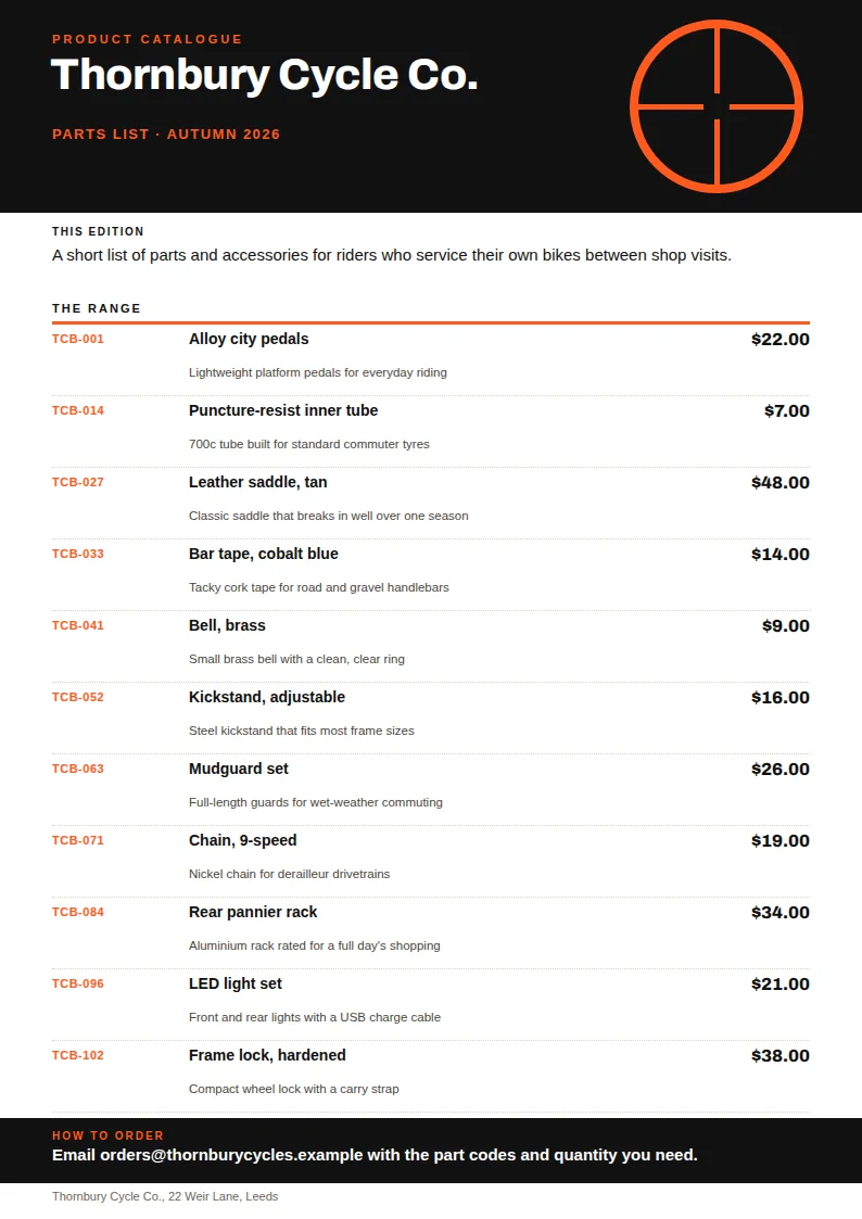 A tall catalogue with a black header holding an orange crosshair icon and the title Thornbury Cycle Co., above a white ruled list of eleven priced bike parts in orange type and a black ordering footer bar.