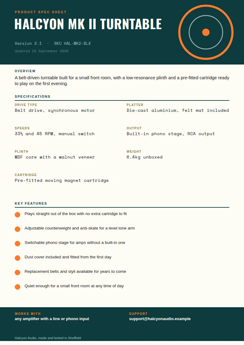 A tall spec sheet with a dark teal header holding an orange ring icon and the title Halcyon Mk II Turntable, a cream body of two-column specifications and orange-dot feature rows, and a dark teal support footer.