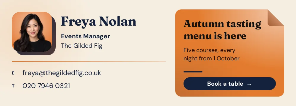 An email signature with a rounded square portrait, contact details, and an orange offer card with a folded corner and a Book a table button.