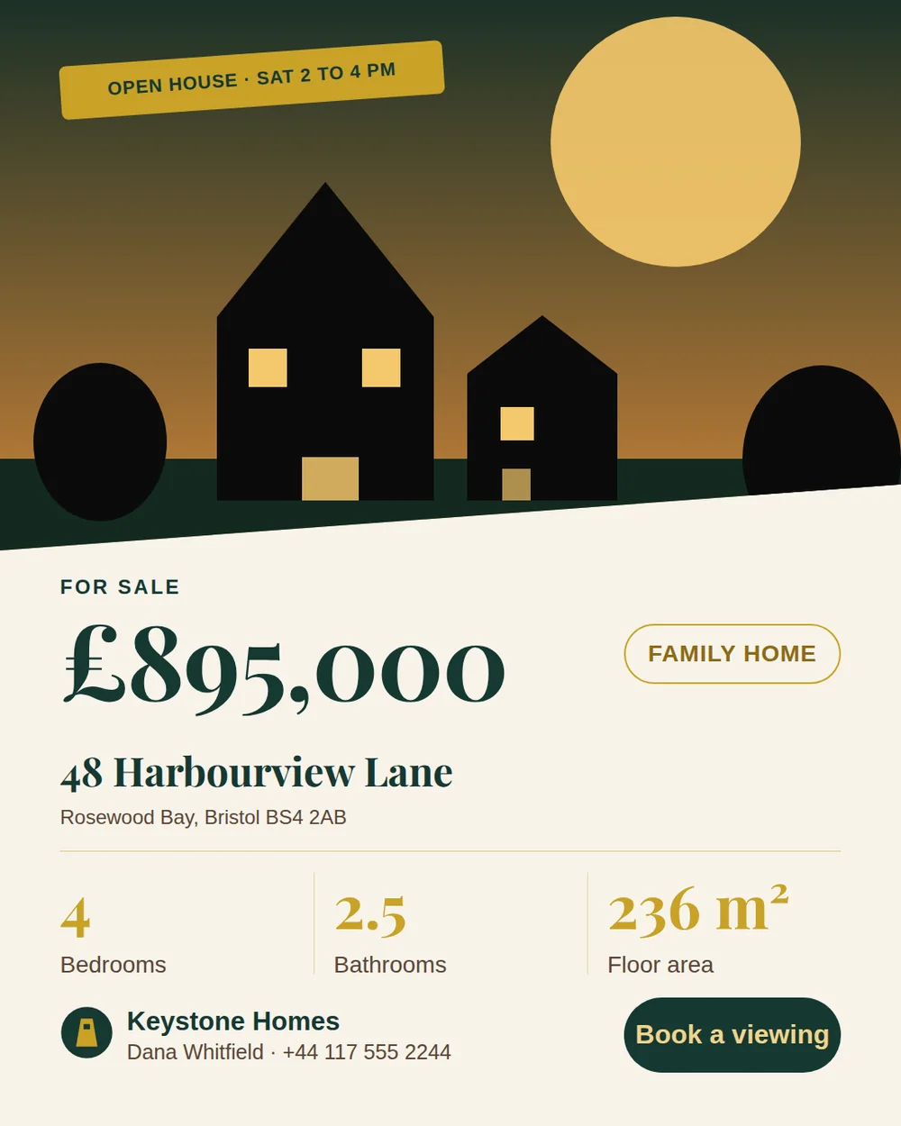 A portrait property ad with a black silhouette house under a dusk sky fading from dark green to amber and a large amber moon, above a cream panel with the price, three gold facts, the agency contact, and a dark green viewing button.
