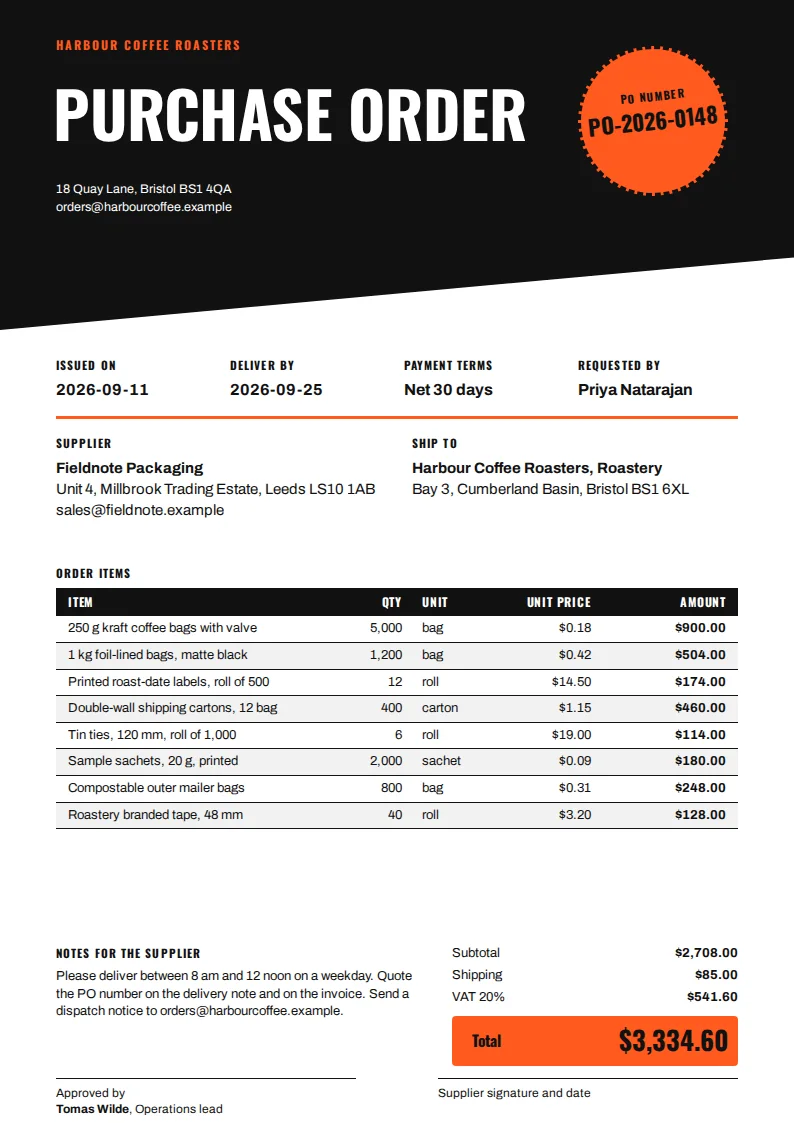 A tall purchase order with a black header for Harbour Coffee Roasters and an orange dashed circular PO number badge, an eight-row items table with a black header row, and an orange total block showing $3,334.60.
