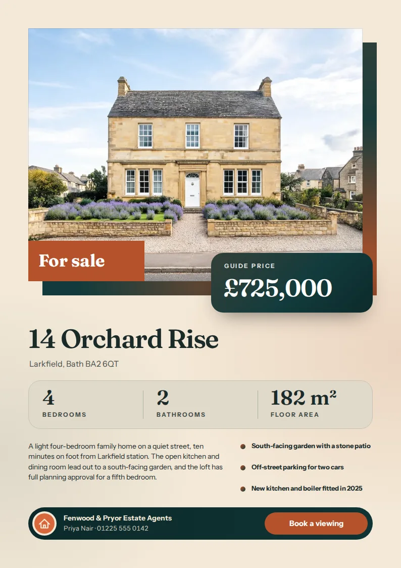An A4 flyer for 14 Orchard Rise with a wide photo of the house on an offset teal and rust block, a rust For sale board, a teal guide price card of £725,000, a row of bedroom, bathroom, and floor area facts, and a dark teal agent bar.