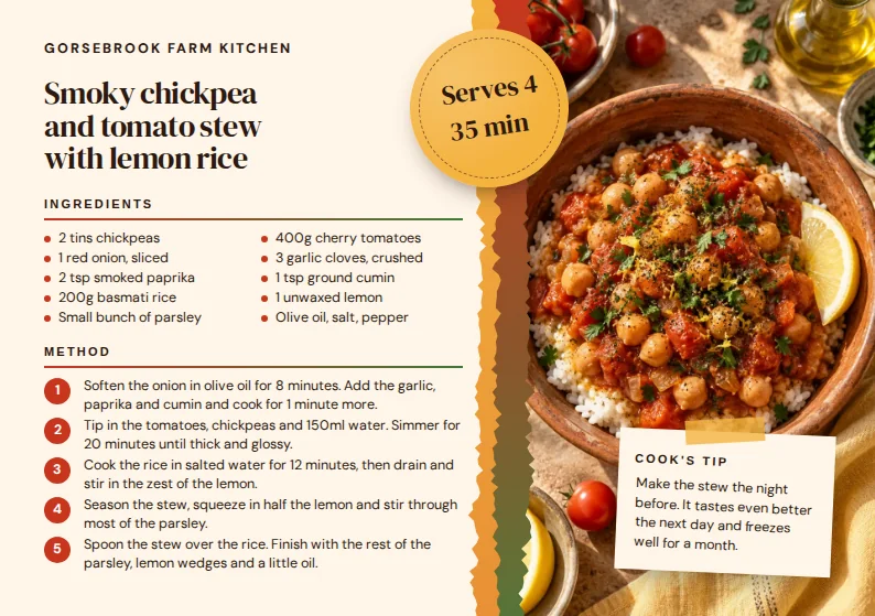 A landscape A5 recipe card for a smoky chickpea and tomato stew, with a two-column ingredient list and five red numbered steps on cream, a photo of the stew behind torn red, green, and gold paper edges, a gold Serves 4 sticker, and a taped cook's tip card.