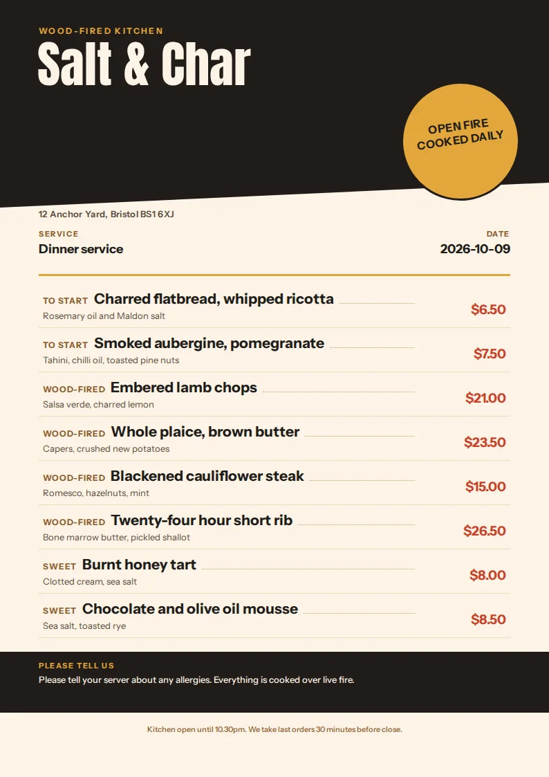 A restaurant menu with a black upper band naming Salt & Char, a mustard circular open-fire badge, a cream lower section with a gold rule under the service and date row, a spaced dish list with rust-red prices, and a black allergen band.