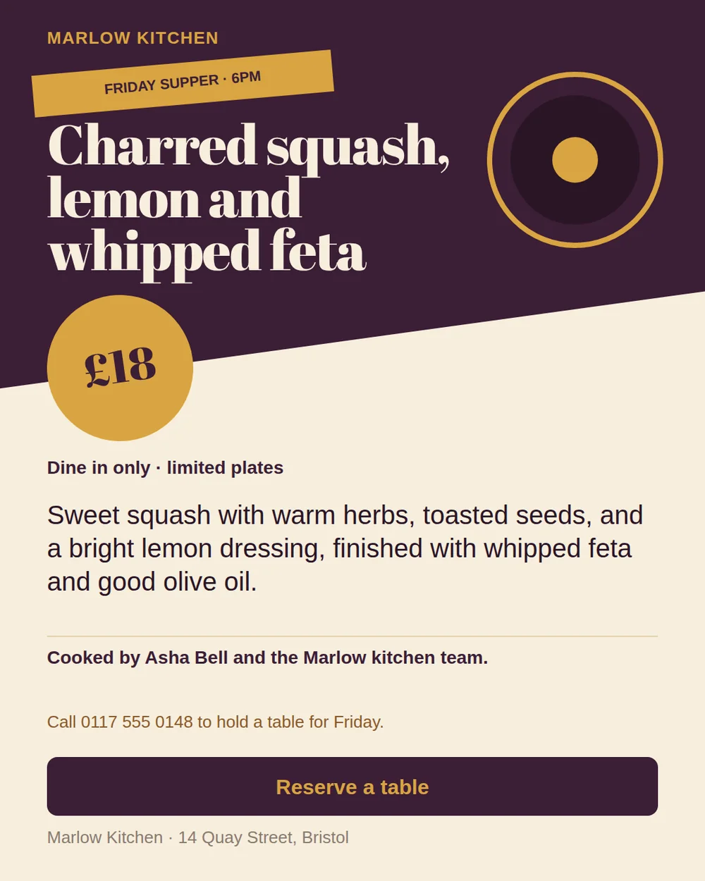A tall restaurant special with a dark plum header and a gold Friday supper ribbon tag, a cream dish headline, a gold ring plate motif, a gold £18 price circle, and a dark plum Reserve a table button.