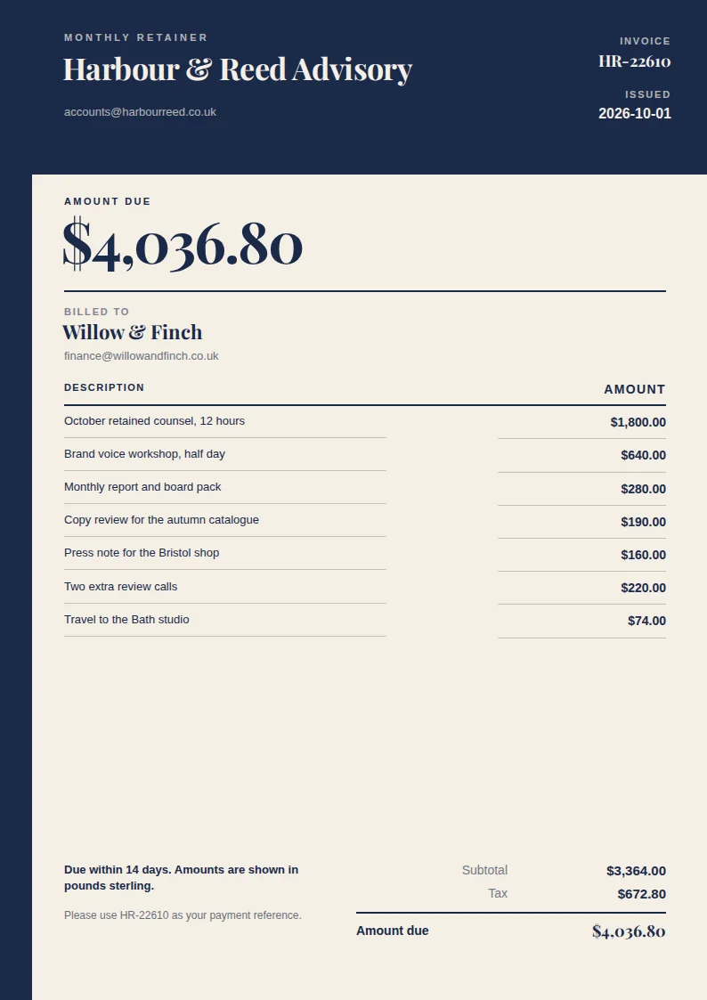 A tall cream invoice with a navy masthead and a large amount due for Harbour and Reed Advisory billing Willow and Finch.