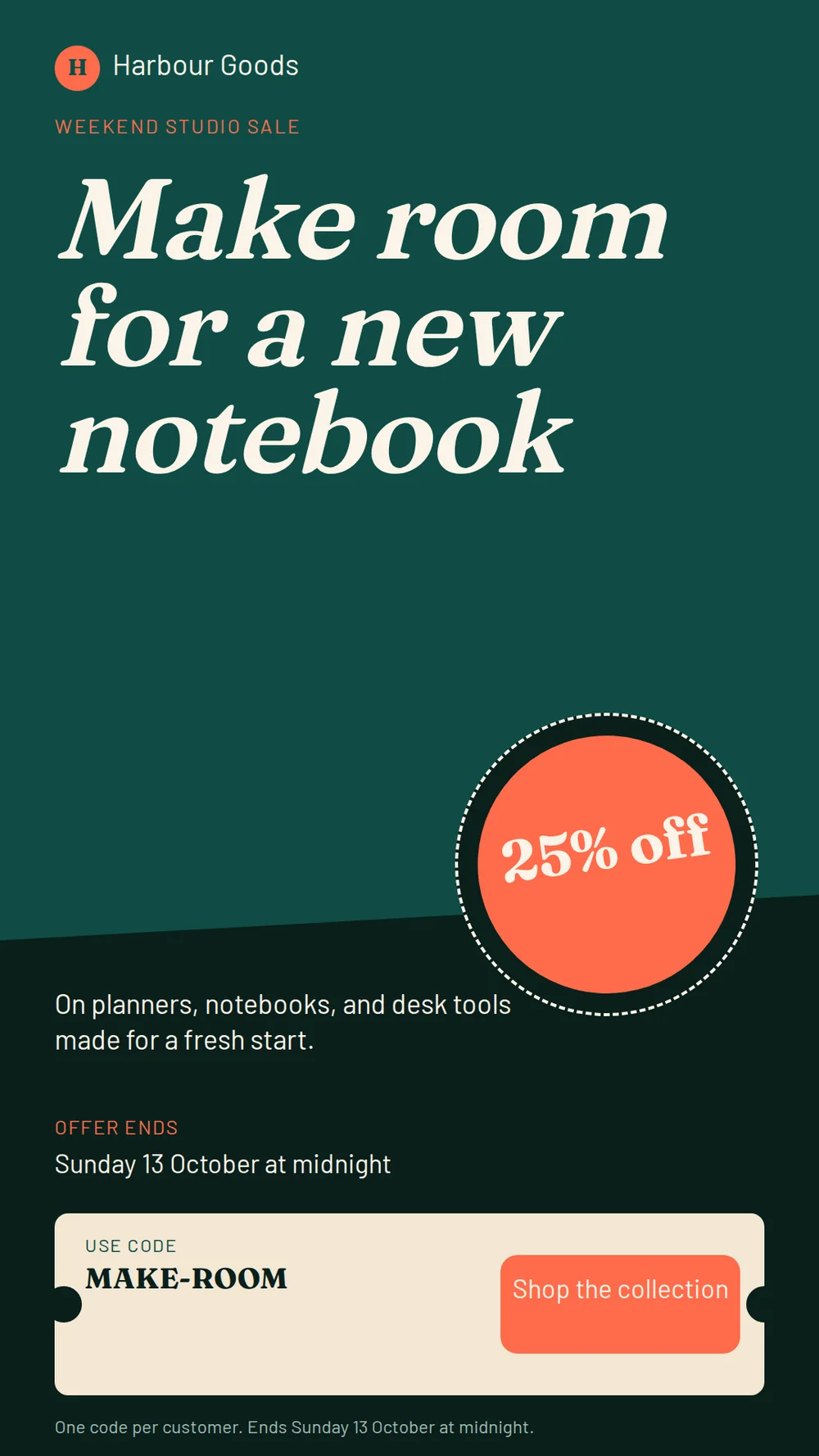 A vertical phone sale story on a dark green background with an orange dashed circle reading 25% off, italic cream headline type, and a cream ticket panel holding the code above an orange Shop the collection button.