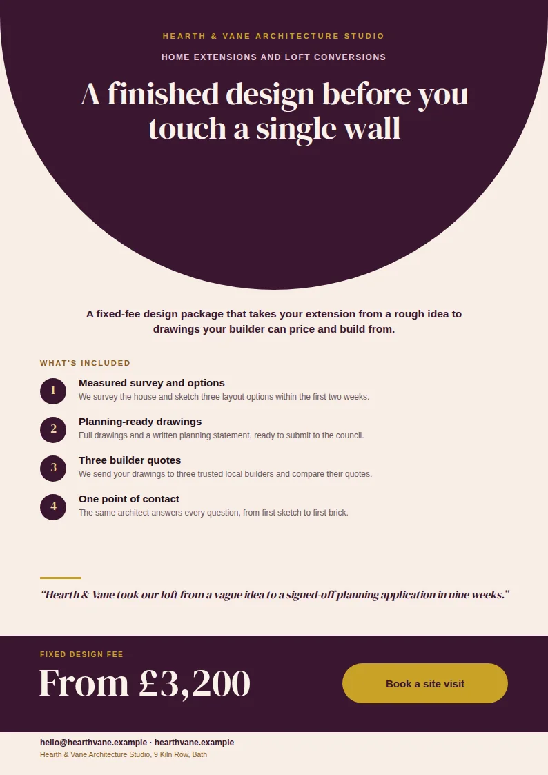 A portrait A4 sales one-pager with a dark plum dome-shaped header, a cream body with four dark numbered benefit circles, a cream quote panel, and a dark plum footer bar showing a gold price and button.
