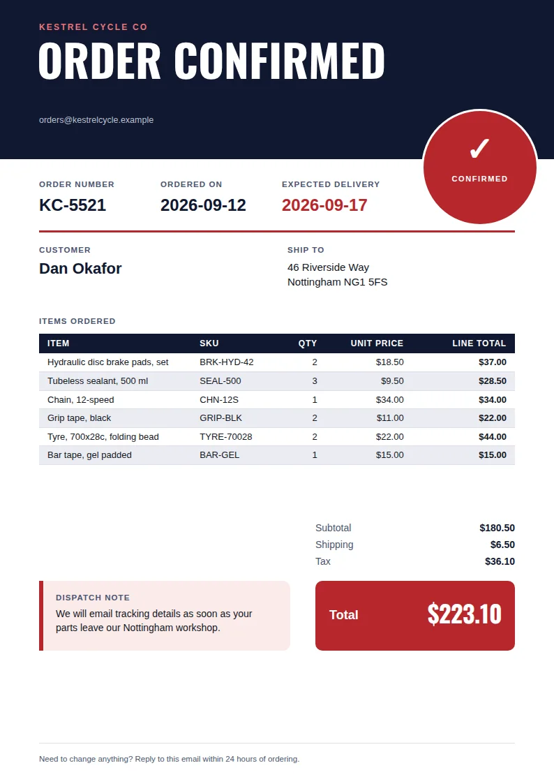 An order confirmation with a full-width navy header, a large red Confirmed stamp with a check mark, a thin red rule, customer and delivery details, an itemised table, and a red total box in the bottom right.