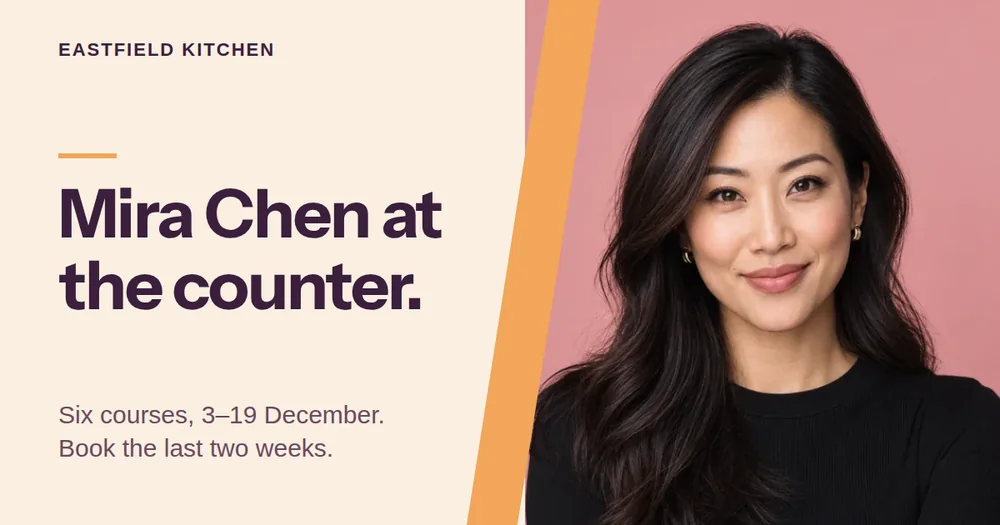 A 1200 by 630 article card with a cream left panel reading Eastfield Kitchen and the headline Mira Chen at the counter, and a photo of a woman with dark hair on a pink background on the right, divided by an orange diagonal stripe.