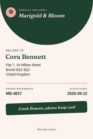A compact cream shipping label under a dark green rounded arch header with a pink icon circle reading Marigold & Bloom, a recipient block for Cora Bennett, a pink divider, and a dark green pill note saying keep cool.