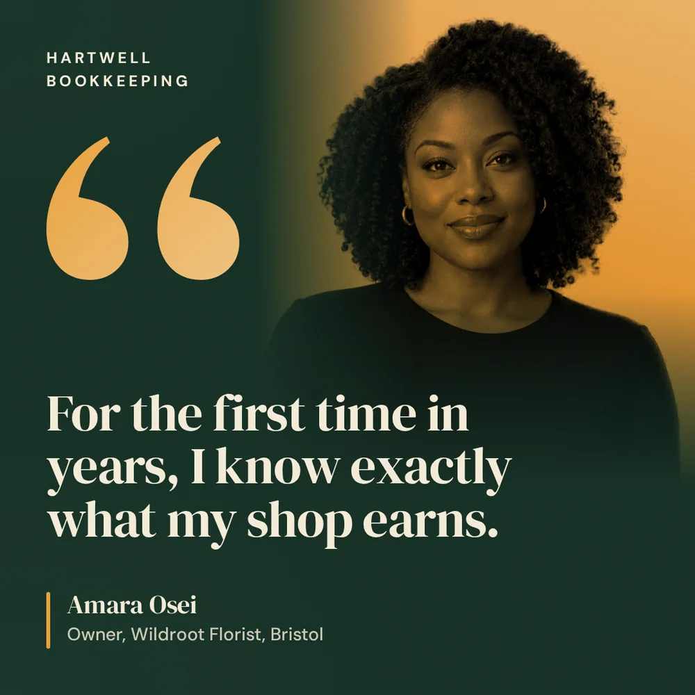 A Hartwell Bookkeeping customer quote in big cream serif type on deep green, beside a gold duotone photo of the smiling client and a large gold quote mark.