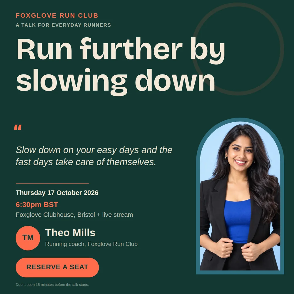 A square speaker card with a dark green background, a cream headline reading Run further by slowing down, an orange circular JM initials mark, an arched teal-bordered photo, and an orange Reserve a seat button.
