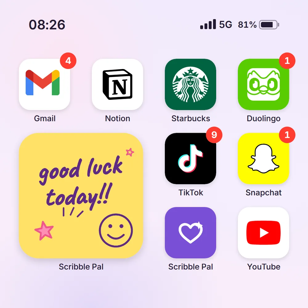 A lavender square iPhone home screen at 08:26 with Gmail, Notion, Starbucks, and Duolingo in the top row, a yellow good luck today doodle widget labelled Scribble Pal, and TikTok, Snapchat, the purple Scribble Pal icon, and YouTube beside it.