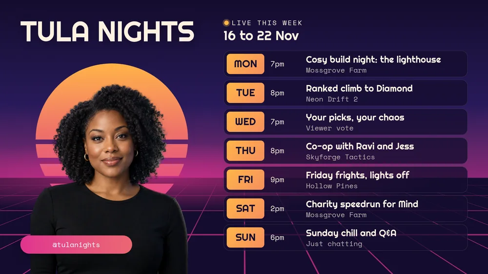 A wide synthwave stream schedule with an indigo-to-magenta sky, a glowing grid floor, a smiling host in front of a striped amber sun under the name TULA NIGHTS, and seven dark rounded rows with amber day chips for Monday to Sunday.
