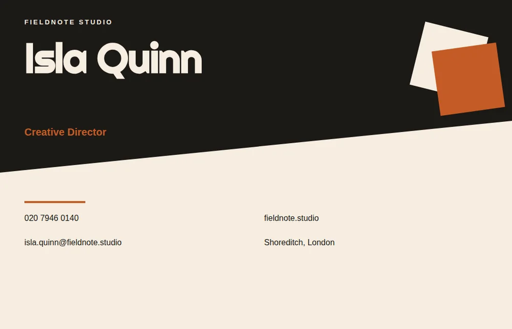 A landscape cream and ink business card with a terracotta accent and the large name Isla Quinn for Fieldnote Studio.