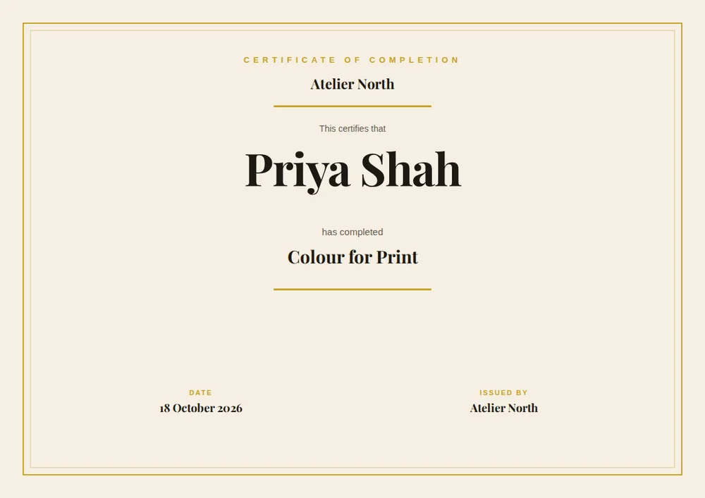 A landscape cream certificate with a gold double frame, large learner name, and gold rules only.