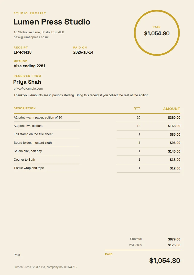 A tall cream receipt with a mustard circular Paid stamp and a large paid total for a fictional studio payment.