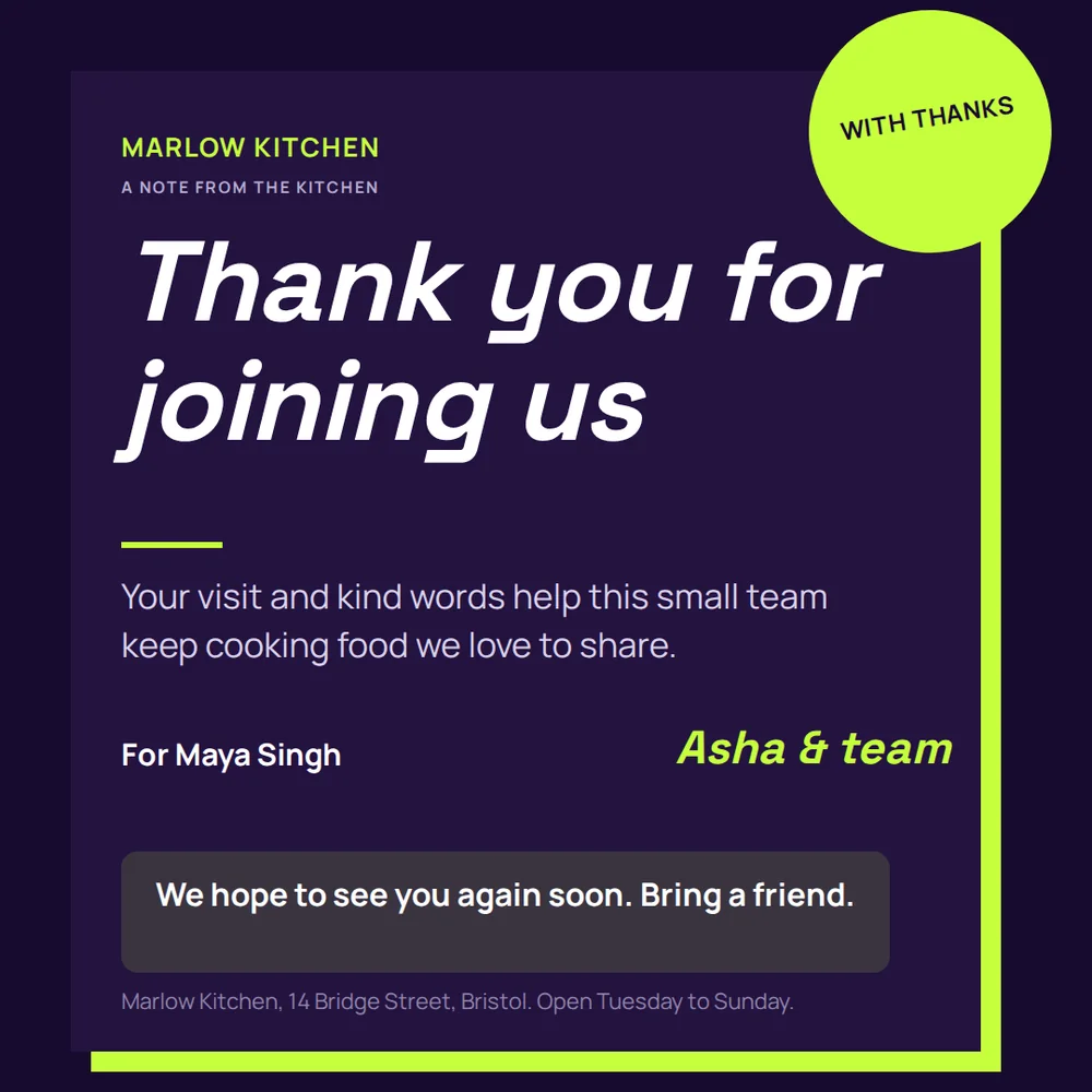 A square thank-you card on a dark purple field with a lime green circular stamp reading With thanks, a lime L-shaped edge along the bottom and right, the white headline Thank you for joining us, and a grey message panel.