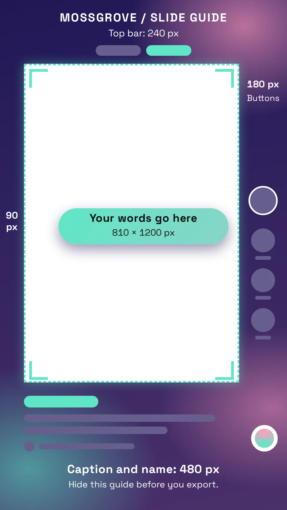A TikTok safe zone guide with a clear 810 by 1200 px centre and purple margins that mark the top bar, side buttons and caption area.