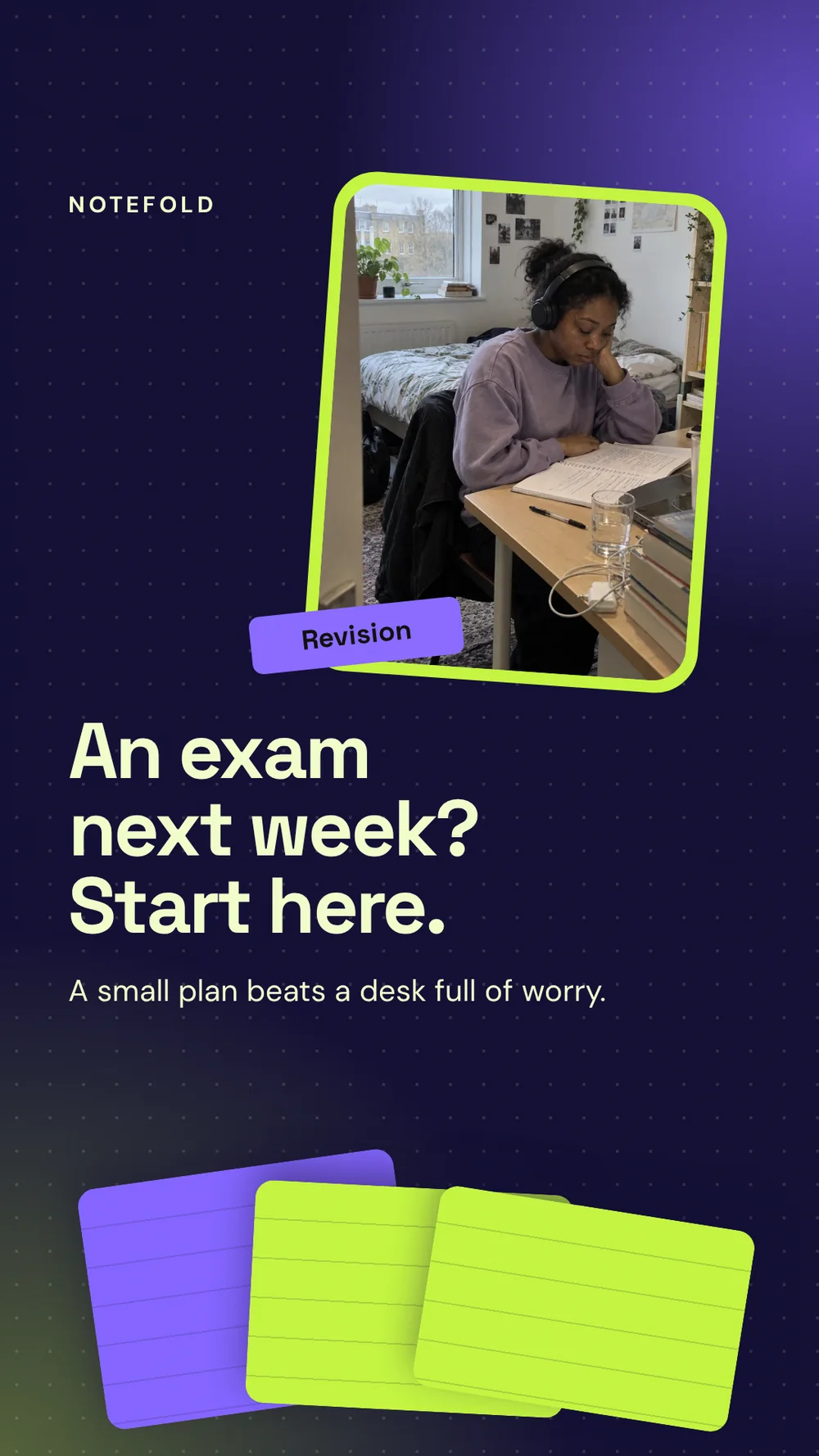 A TikTok slide for Notefold with a tilted photo of a student revising, a "Revision" tag and a fan of index cards on a dotted navy page.