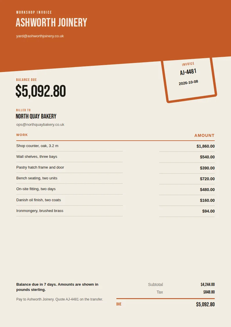A tall warm-paper invoice with a rust diagonal band and a rotated stamp for a fictional workshop bill.