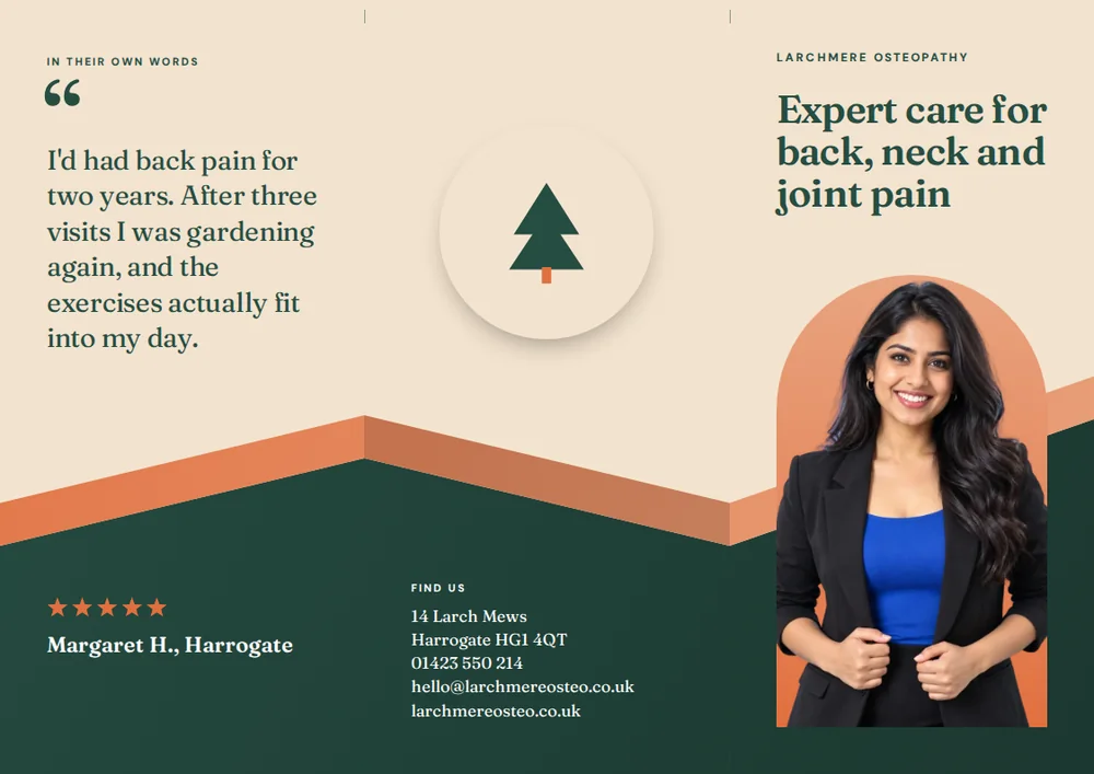 A landscape trifold brochure in forest green, cream, and apricot, with a customer quote above a five-star line and the name Margaret H., the tree logo in a cream circle over the Find us details on the green band, and a cover with the headline Expert care for back, neck and joint pain above an arched photo of a smiling woman in a black blazer.